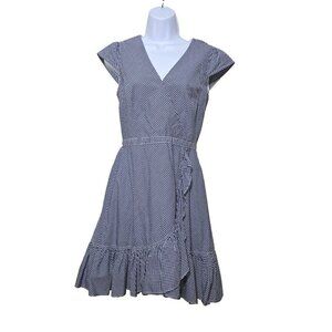 J Crew Faux Wrap Dress 0 Plaid Dark Blue Cottagecore Ruffle Femme Retro Sundress